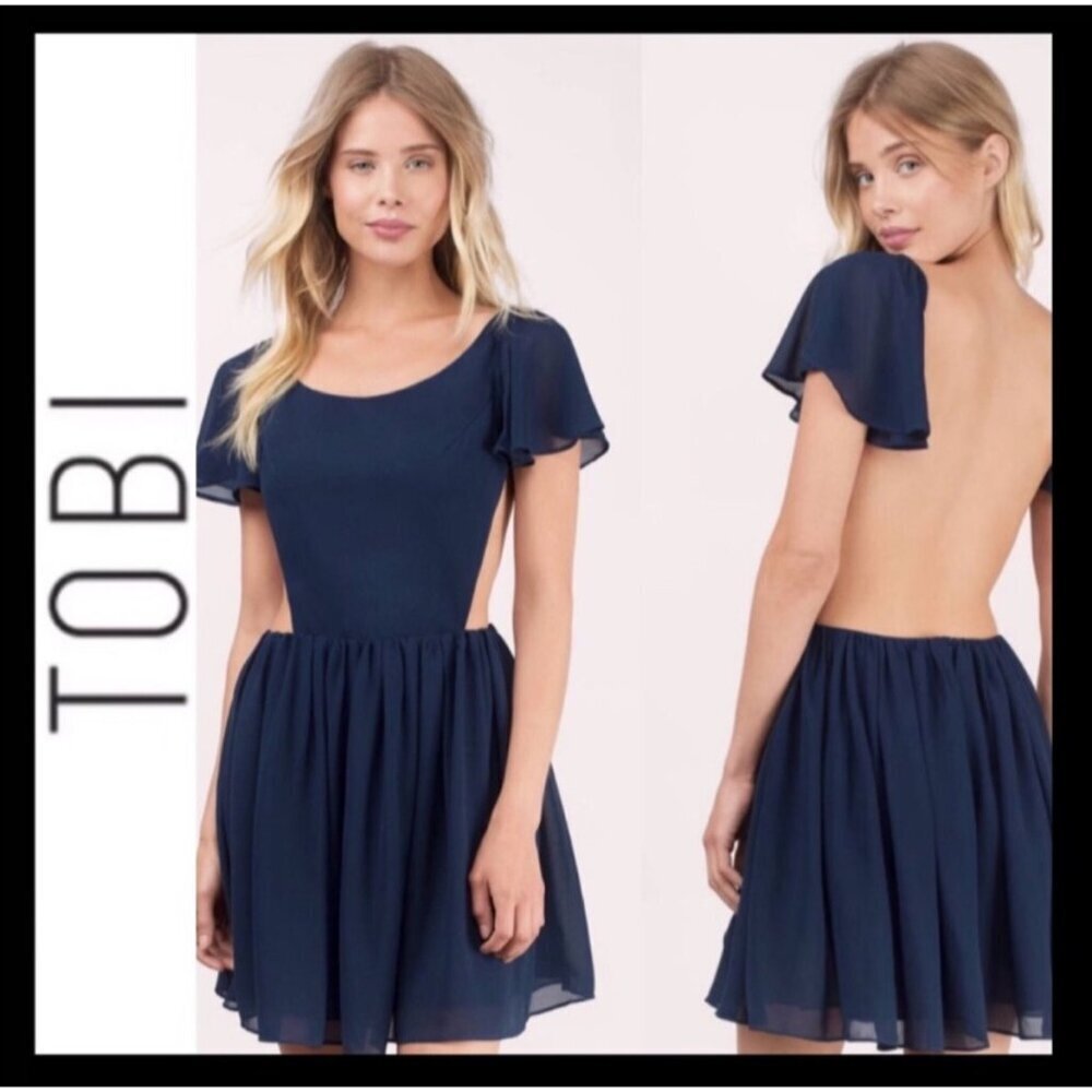 Tobi Women's S Open Back Ruffled Mini Dress Navy Blue Twirl And Swirl Skater